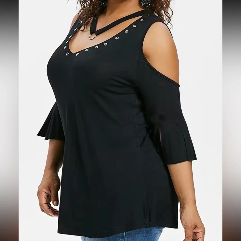 3XL (22) Plus Size V Neck Cold Shoulder Ring T-shirt Casual Women’s Stretch NWOT - Picture 2 of 7